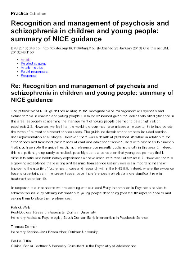 Re: Recognition and management of psychosis and schizophrenia in children and young people : summary of NICE guidance Thumbnail