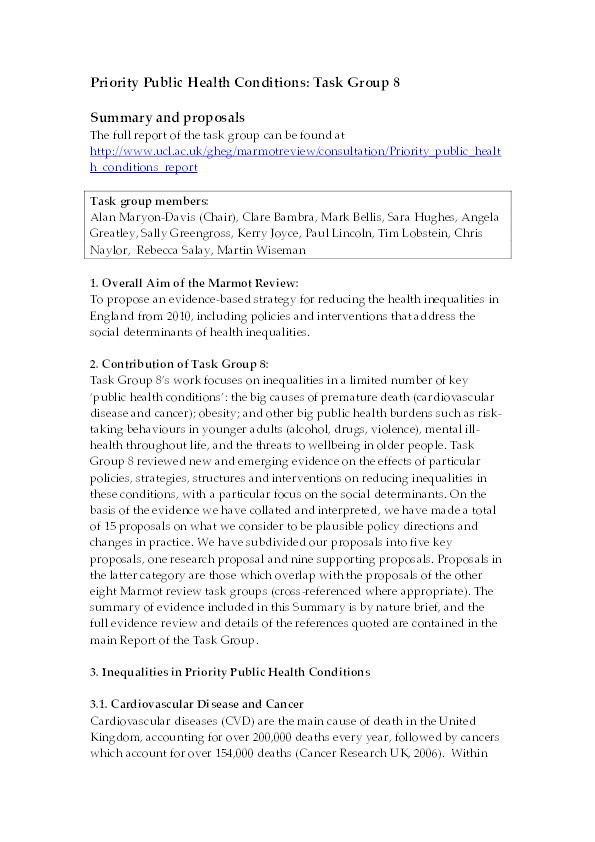 Priority health conditions –Task Group 8 Report to the Strategic Review of Health Inequalities in England post-2010 (Marmot Review) Thumbnail