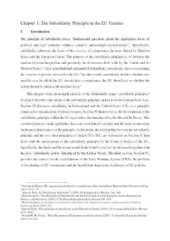 The Principle of Subsidiarity and its Enforcement in the EU Legal Order: The Role of National Parliaments in the Early Warning System Thumbnail