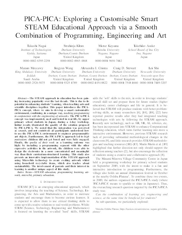 PICA-PICA: Exploring a Customisable Smart STEAM Educational Approach via a Smooth Combination of Programming, Engineering and Art Thumbnail