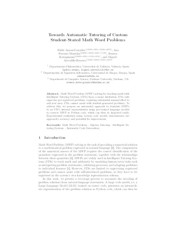 Towards Automatic Tutoring of Custom Student-Stated Math Word Problems Thumbnail