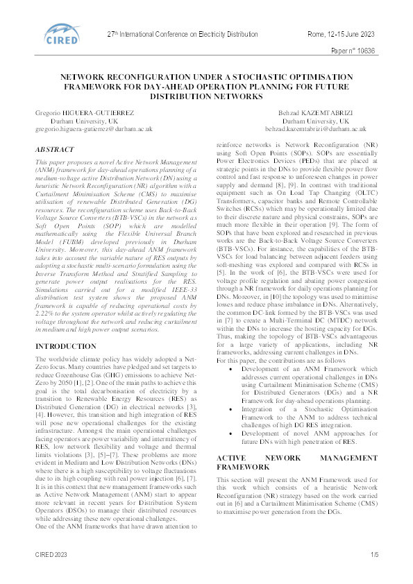 Network reconfiguration under a stochastic optimisation framework for Day-Ahead Operation Planning for Future Distribution Networks Thumbnail