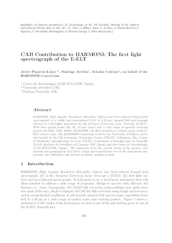 CAB Contribution to HARMONI: The first light spectrograph of the E-ELT Thumbnail