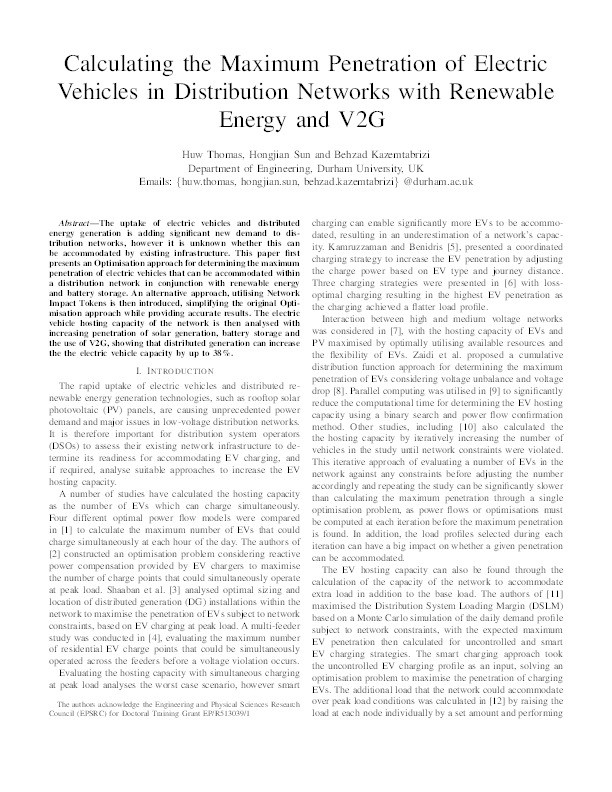 Calculating the Maximum Penetration of Electric Vehicles in Distribution Networks with Renewable Energy and V2G Thumbnail