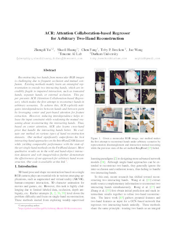 ACR: Attention Collaboration-based Regressor for Arbitrary Two-Hand Reconstruction Thumbnail