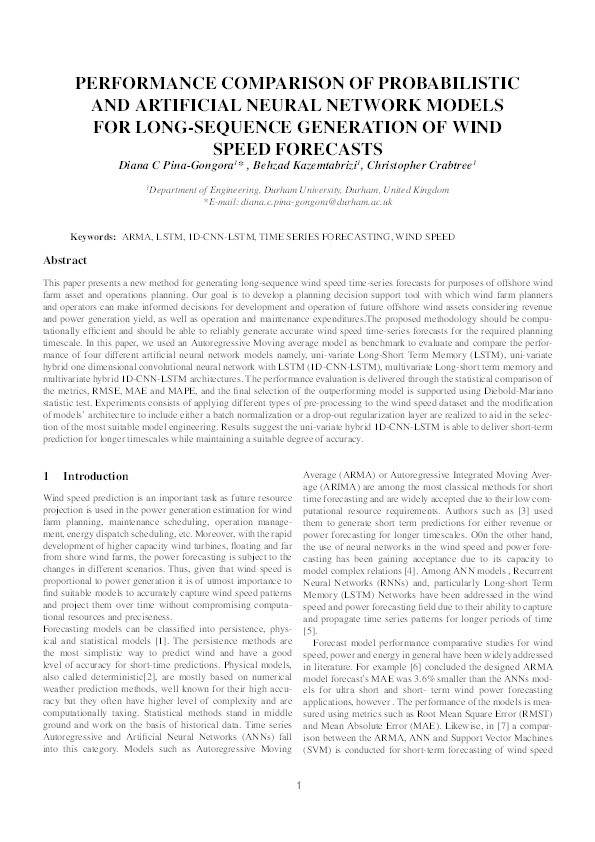 Performance comparison of Probabilistic and Artificial Neural Network Models for Long-sequence Generation of Wind Speed Forecasts Thumbnail