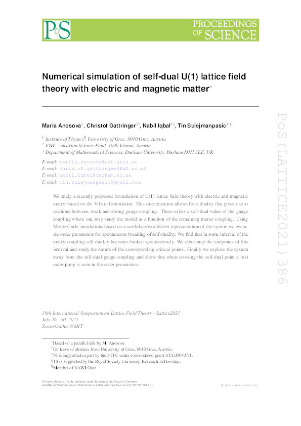 Numerical simulation of self-dual U(1) lattice field theory with electric and magnetic matter Thumbnail