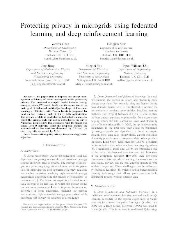 Protecting privacy in microgrids using federated learning and deep reinforcement learning Thumbnail