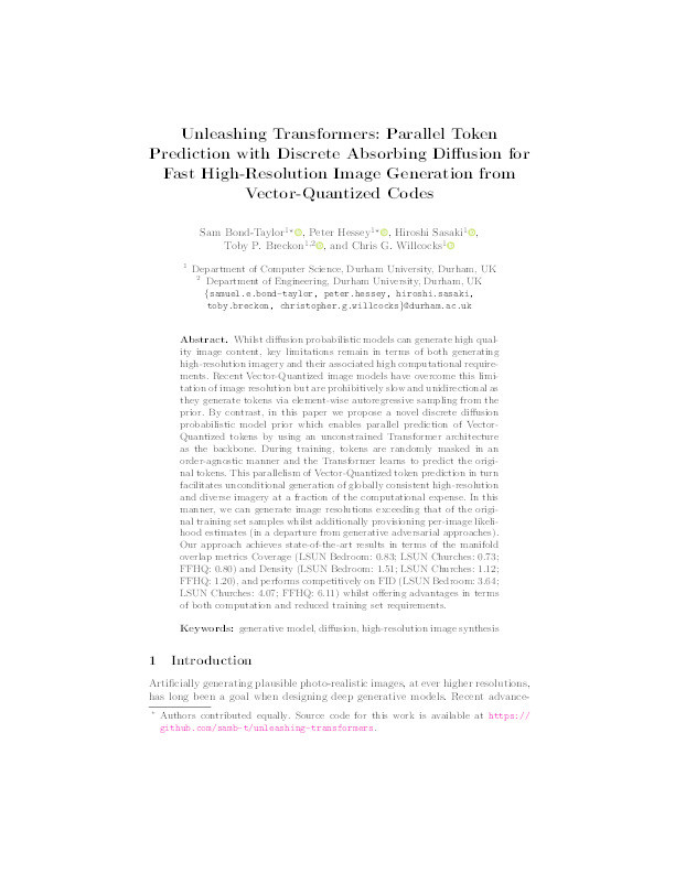 Unleashing Transformers: Parallel Token Prediction with Discrete Absorbing Diffusion for Fast High-Resolution Image Generation from Vector-Quantized Codes Thumbnail