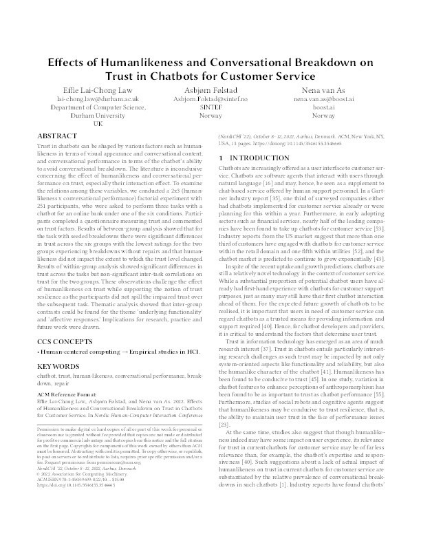 Effects of Humanlikeness and Conversational Breakdown on Trust in Chatbots for Customer Service Thumbnail
