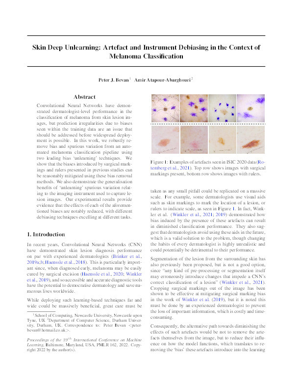 Skin Deep Unlearning: Artefact and Instrument Debiasing in the Context of Melanoma Classification Thumbnail