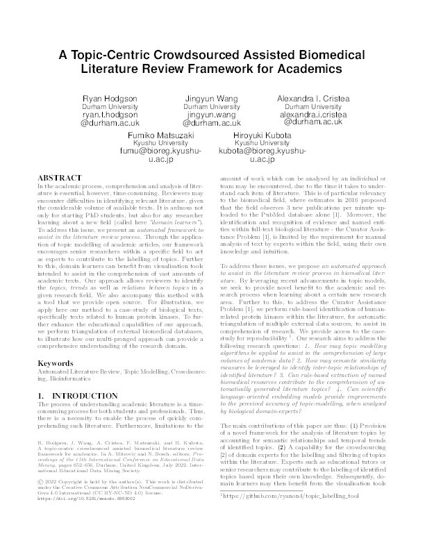 A Topic-Centric Crowdsourced Assisted Biomedical Literature Review Framework for Academics Thumbnail