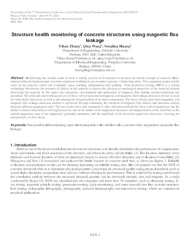 Structure health monitoring of concrete structures using magnetic flux leakage Thumbnail