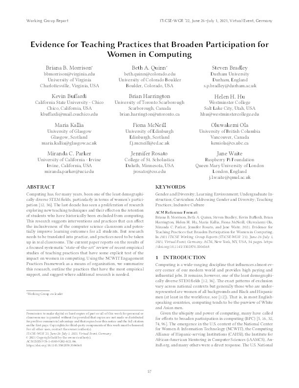 Evidence for Teaching Practices that Broaden Participation for Women in Computing Thumbnail