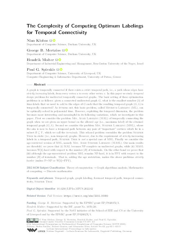 The complexity of computing optimum labelings for temporal connectivity Thumbnail