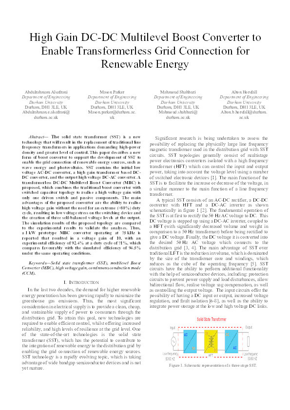 High Gain DC-DC Multilevel Boost Converter to Enable Transformerless Grid Connection for Renewable Energy Thumbnail