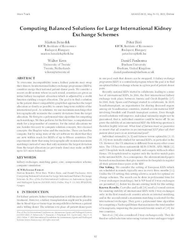Computing balanced solutions for large international kidney exchange schemes Thumbnail