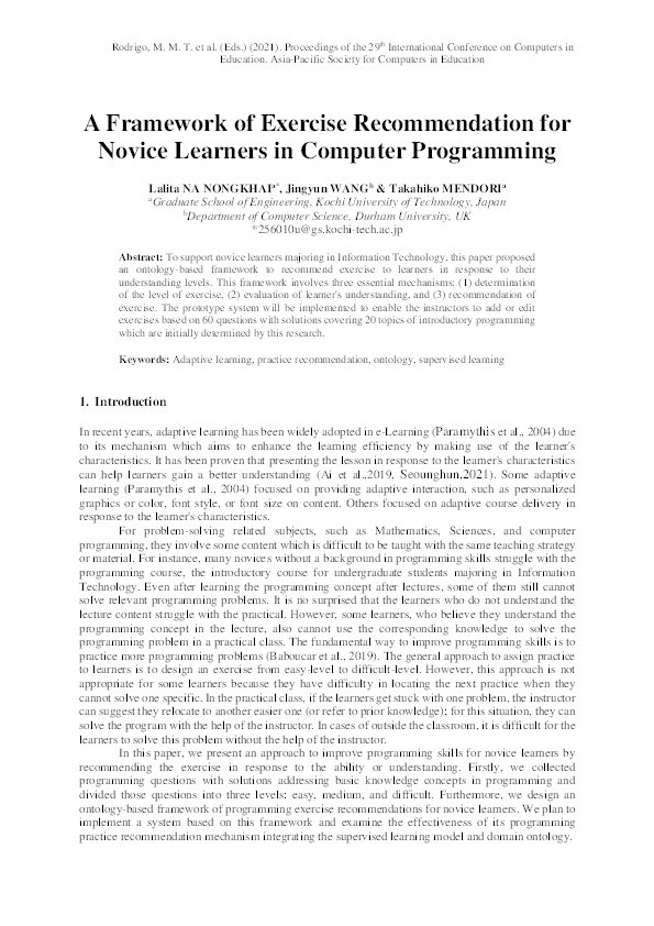 A Framework of Exercise Recommendation for Novice Learners in Computer Programming Thumbnail