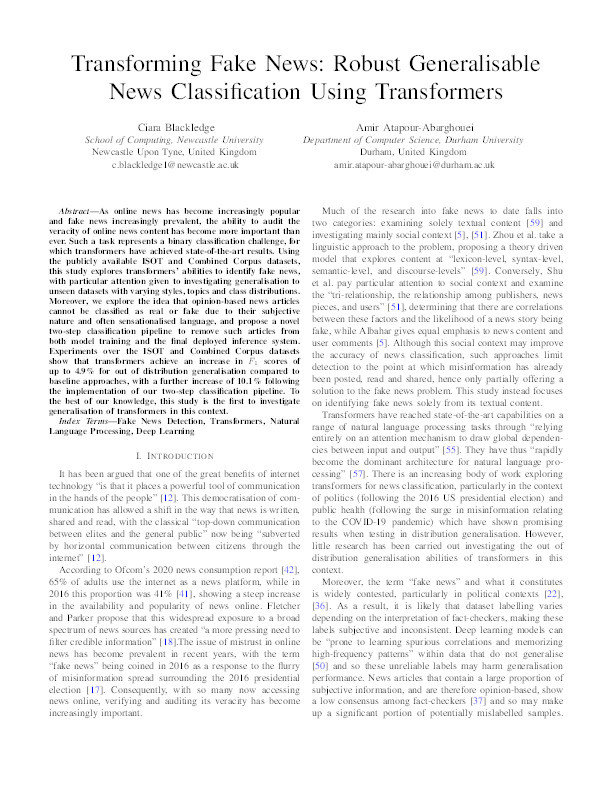 Transforming Fake News: Robust Generalisable News Classification Using Transformers Thumbnail