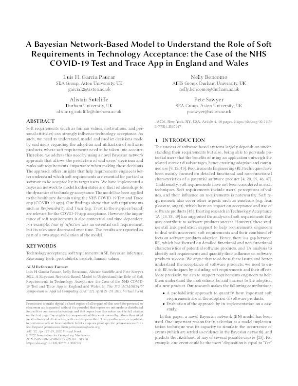 A Bayesian Network-based model to understand the role of soft requirements in technology acceptance: the Case of the NHS COVID-19 Test and Trace App in England and Wales Thumbnail