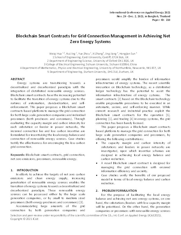 Blockchain Smart Contracts for Grid Connection Management in Achieving Net Zero Energy Systems Thumbnail