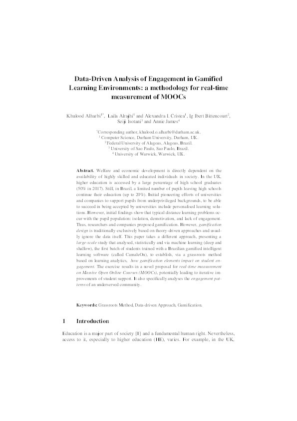 Data-Driven Analysis of Engagement in Gamified Learning Environments: A Methodology for Real-Time Measurement of MOOCs Thumbnail