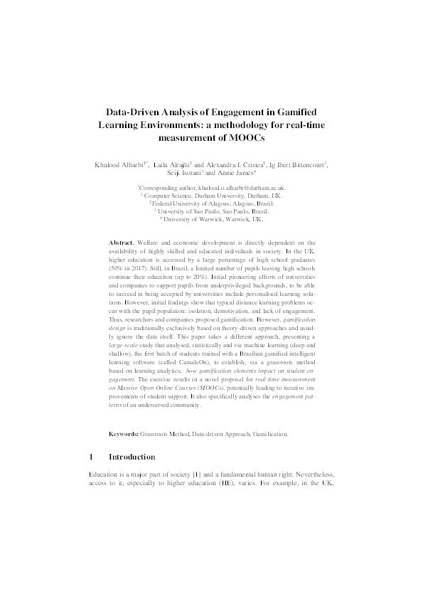 Data-Driven Analysis of Engagement in Gamified Learning Environments: A Methodology for Real-Time Measurement of MOOCs Thumbnail