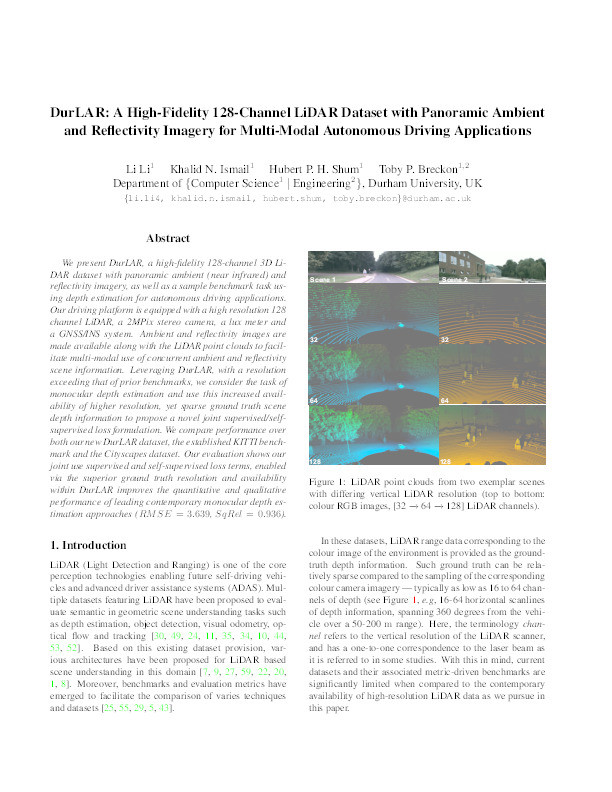 DurLAR: A High-Fidelity 128-Channel LiDAR Dataset with Panoramic Ambient and Reflectivity Imagery for Multi-Modal Autonomous Driving Applications Thumbnail
