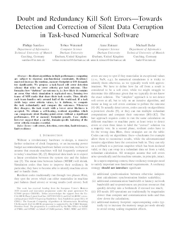 Doubt and Redundancy Kill Soft Errors---Towards Detection and Correction of Silent Data Corruption in Task-based Numerical Software Thumbnail