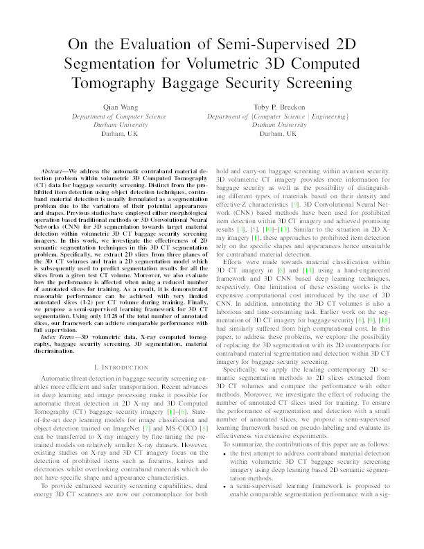 On the Evaluation of Semi-Supervised 2D Segmentation for Volumetric 3D Computed Tomography Baggage Security Screening Thumbnail