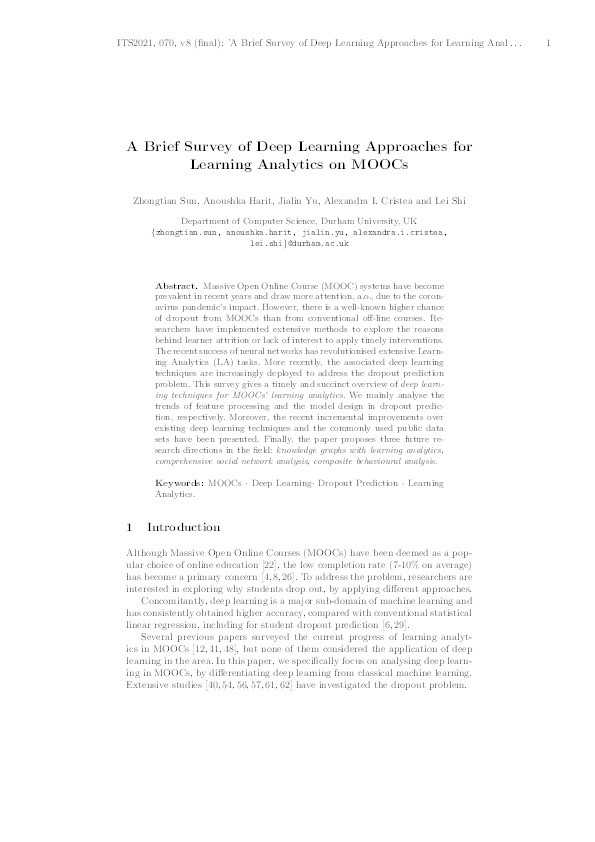 A Brief Survey of Deep Learning Approaches for Learning Analytics on MOOCs Thumbnail