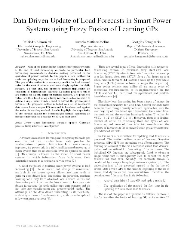 Data Driven Update of Load Forecasts in Smart Power Systems using Fuzzy Fusion of Learning GPs Thumbnail