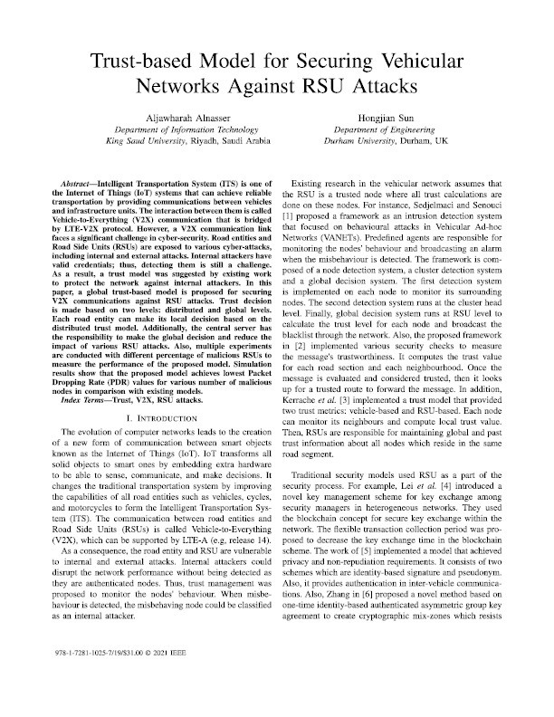 Trust-based Model for Securing Vehicular Networks Against RSU Attacks Thumbnail