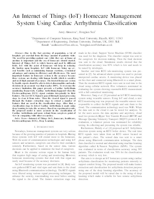 An Internet of Things (IoT) Homecare Management System Using Cardiac Arrhythmia Classification Thumbnail