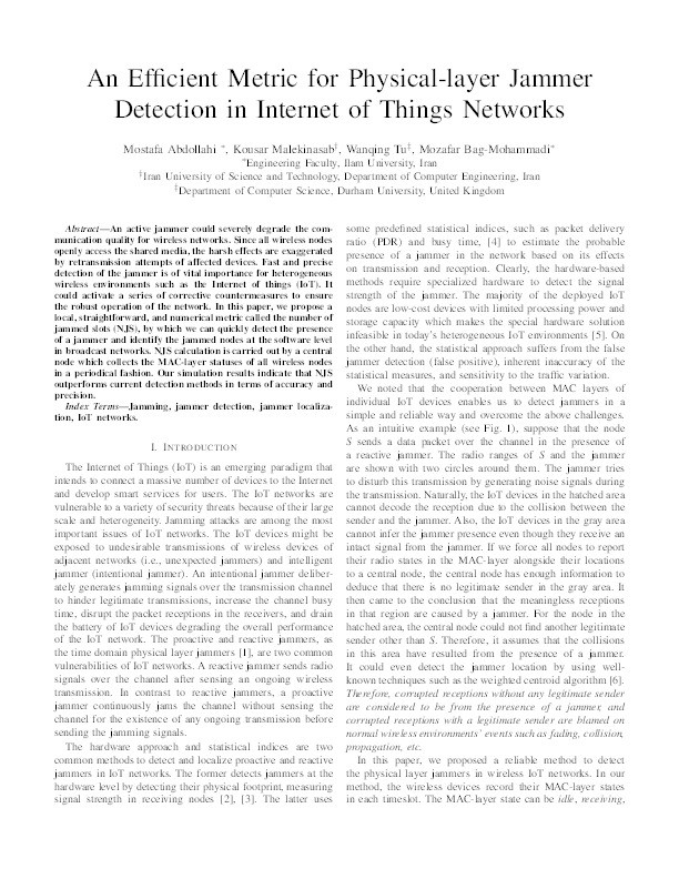 An Efficient Metric for Physical-layer Jammer Detection in Internet of Things Networks Thumbnail