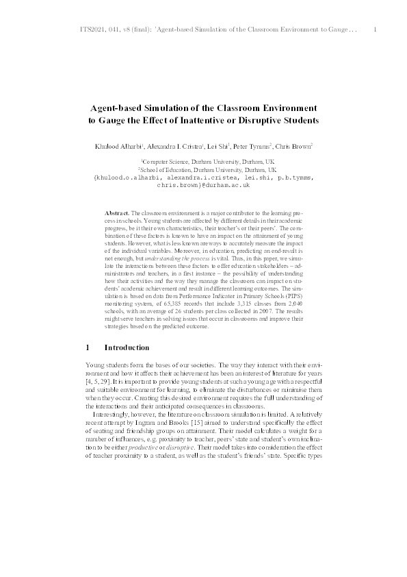 Agent-based Simulation of the Classroom Environment to Gauge the Effect of Inattentive or Disruptive Students Thumbnail