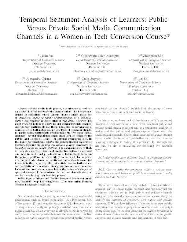 Temporal Sentiment Analysis of Learners: Public Versus Private Social Media Communication Channels in a Women-in-Tech Conversion Course Thumbnail