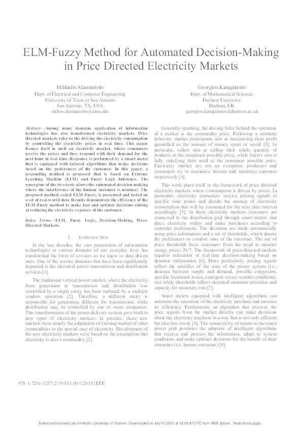 ELM-Fuzzy Method for Automated Decision-Making in Price Directed Electricity Markets Thumbnail