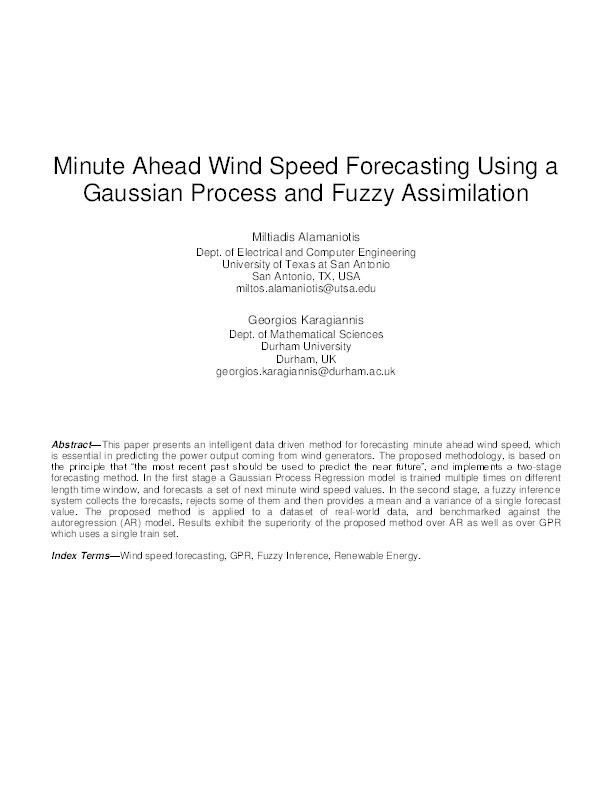 Minute Ahead Wind Speed Forecasting Using a Gaussian Process and Fuzzy Assimilation Thumbnail