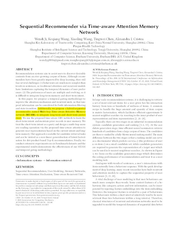 Sequential Recommender via Time-aware Attentive Memory Network Thumbnail