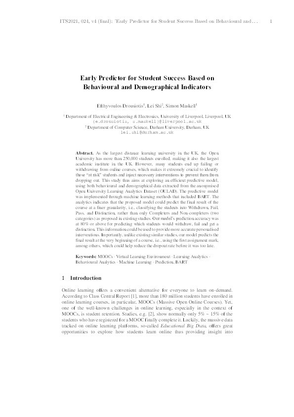 Early Predictor for Student Success Based on Behavioural and Demographical Indicators Thumbnail