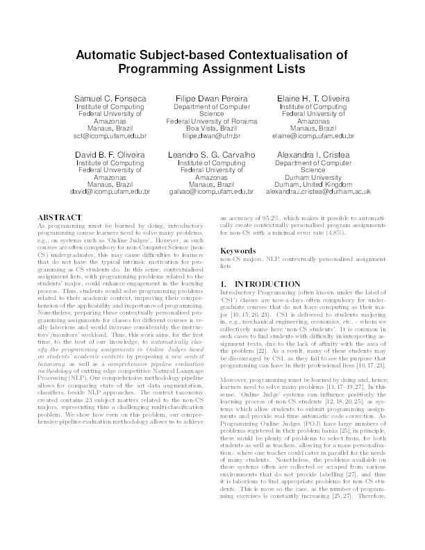 Automatic Subject-based Contextualisation of Programming Assignment Lists Thumbnail