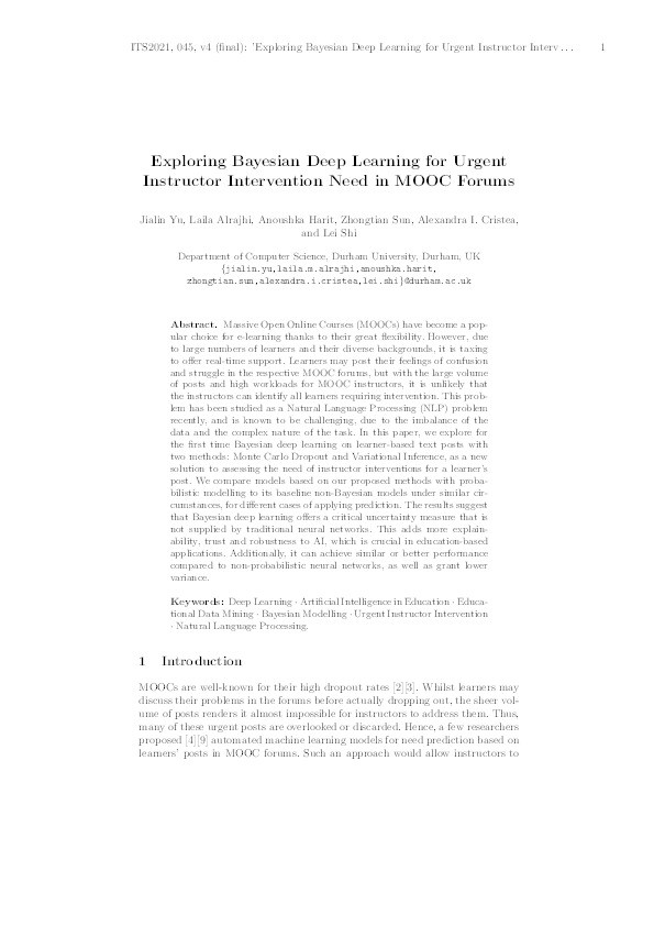 Exploring Bayesian Deep Learning for Urgent Instructor Intervention Need in MOOC Forums Thumbnail