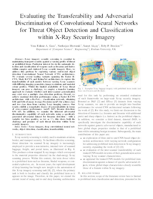 Evaluating the Transferability and Adversarial Discrimination of Convolutional Neural Networks for Threat Object Detection and Classification within X-Ray Security Imagery Thumbnail