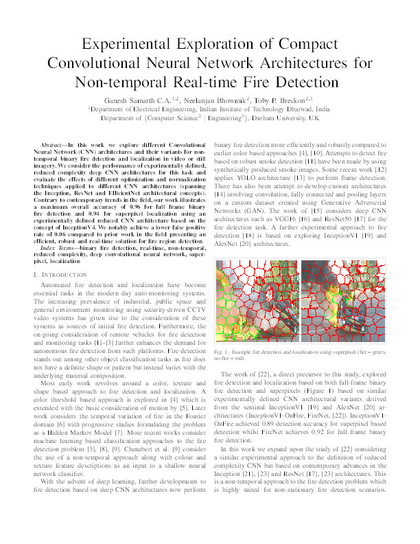 Experimental Exploration of Compact Convolutional Neural Network Architectures for Non-temporal Real-time Fire Detection Thumbnail