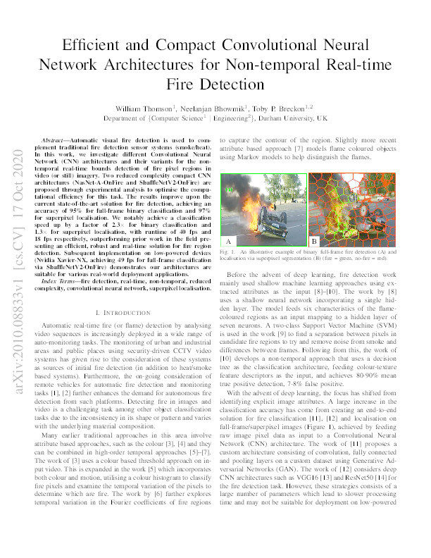 Efficient and Compact Convolutional Neural Network Architectures for Non-temporal Real-time Fire Detection Thumbnail