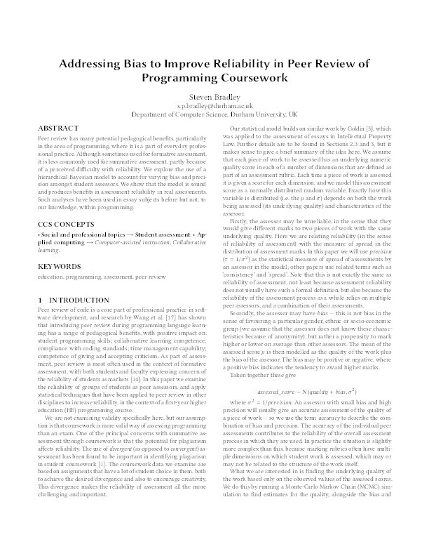 Addressing Bias to Improve Reliability in Peer Review of Programming Coursework Thumbnail