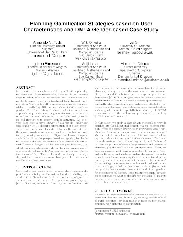 Planning Gamification Strategies based on User Characteristics and DM: A Gender-based Case Study Thumbnail