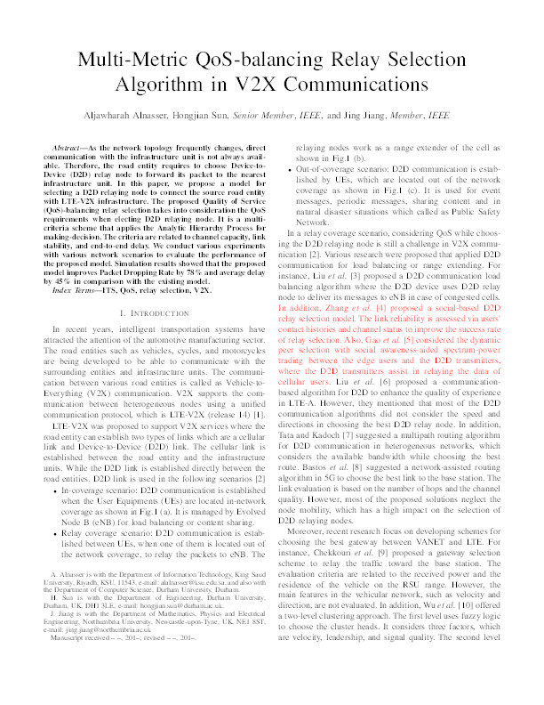 Multi-Metric QoS-balancing Relay Selection Algorithm in V2X Communications Thumbnail