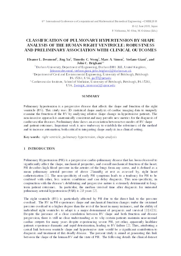 Classification of Pulmonary Hypertension by Shape Analysis of the Human Right Ventricle: Robustness and Preliminary Association with Clinical Outcomes Thumbnail